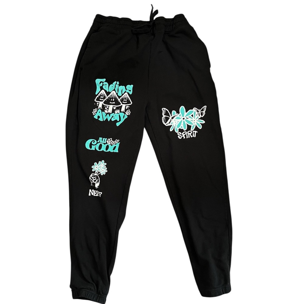 Neff Black Jogger Pants with Teal and White Graphics